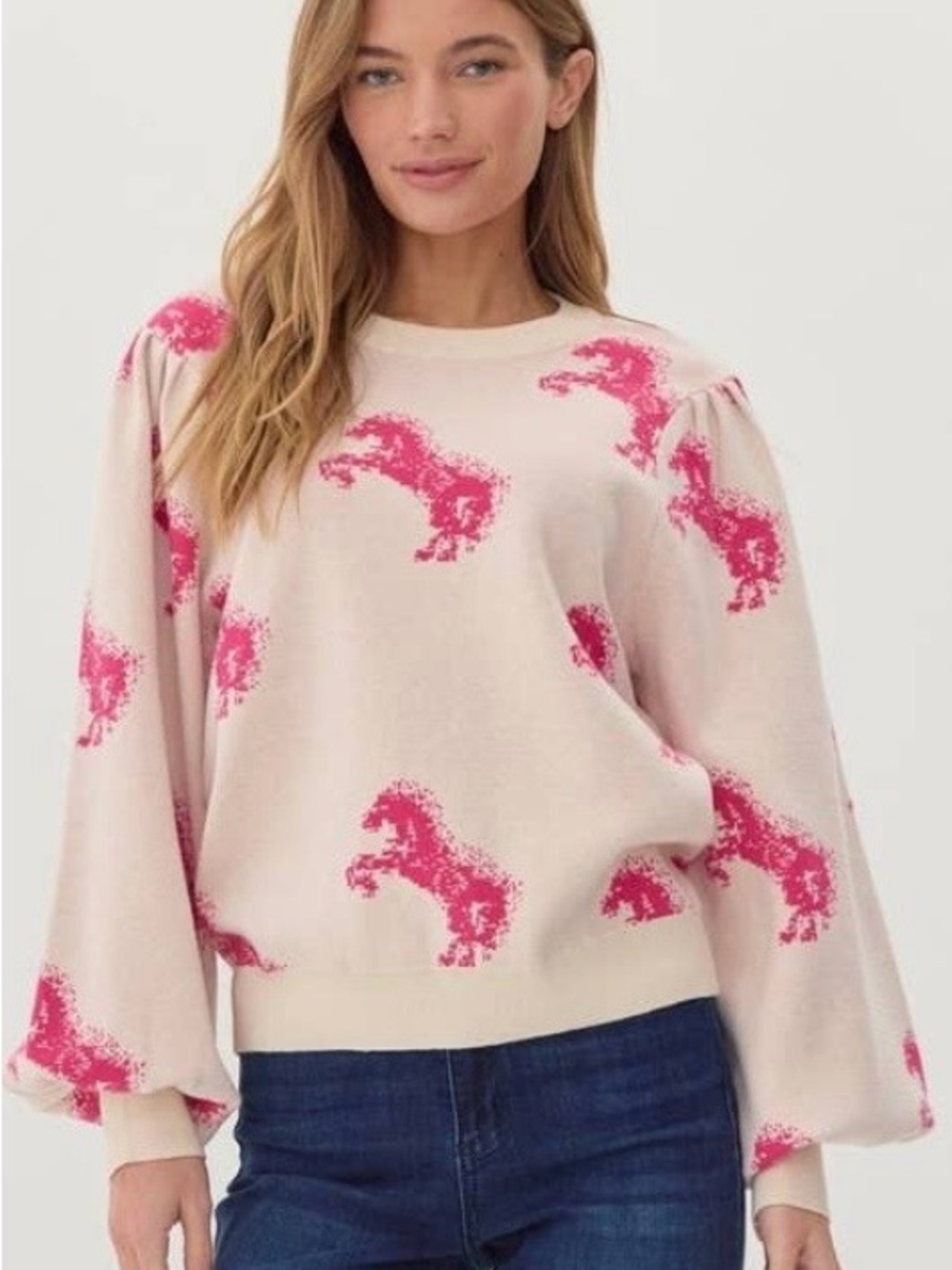 JODIFL Cream Crewneck Sweater with Hot Pink Horse Print